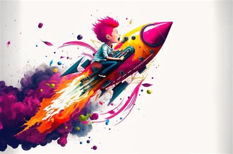 Un Ni O Volando En Un Colorido Cohete Con Fuego Y Mucha Pintura Ia