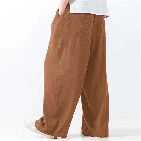 Mens Baggy Style Cotton Solid Color Elastic Waist Casual Loose Wide Leg