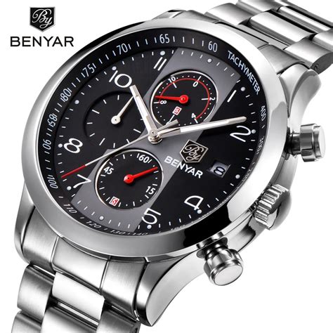 Benyar Fashion Chronograph Sport Watches Men Stainless Steel Strap