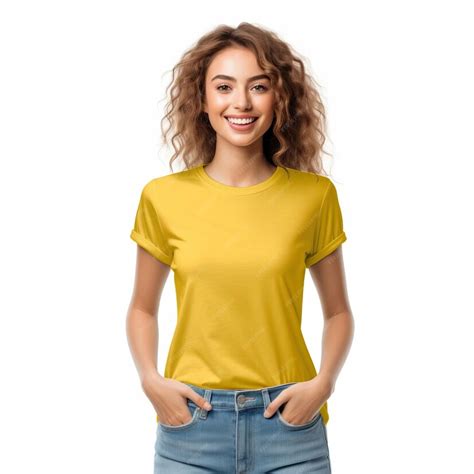 Premium Ai Image A Woman Wearing A Yellow T Shirt With A Black Logo