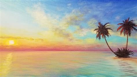 Learn How To Paint A Sunset Seascape Panorama With Tropical Palm Trees