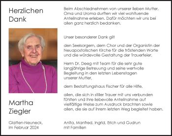 Traueranzeigen von Martha Ziegler Schwarzwälder Bote Trauer