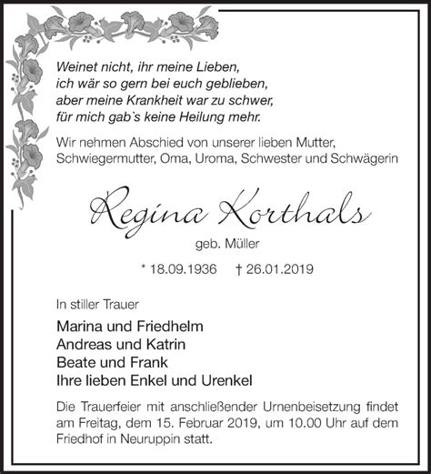 Traueranzeigen Von Regina Korthals M Rkische Onlinezeitung Trauerportal