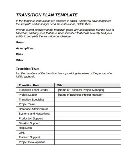 Transition Plan Template Word