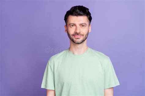 Photo Of Handsome Positive Optimistic Nice Guy With Brunet Hairstyle Stubble Wear T Shirt