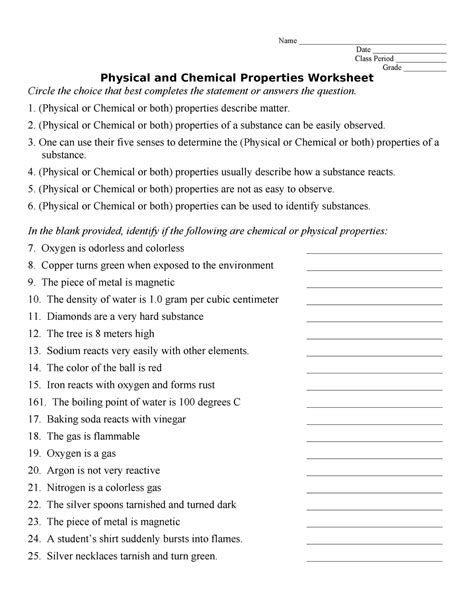 Physical And Chemical Properties Worksheet Name