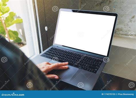 A Woman Using And Touching On Laptop Computer Touchpad With Blank White