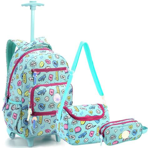 Mochila Escolar Infantil Feminina Rodinhas Lancheira E Estojo