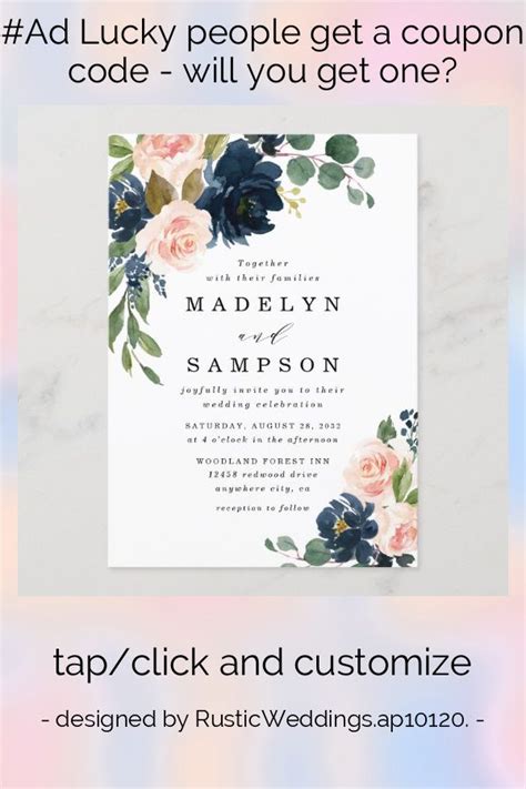 Navy Blue And Blush Pink Floral Country Wedding Invitation Zazzle