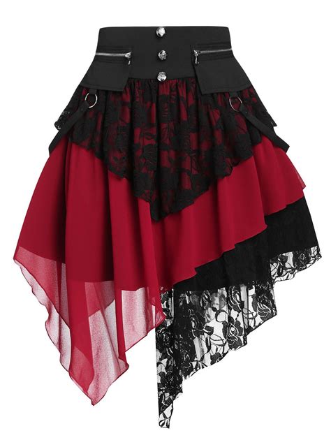 Lace Panel Layered Contrast Asymmetric Skirt Womens Fashion Skirt