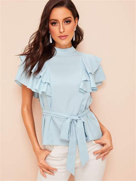 Shein Mock Neck Layered Ruffle Armhole Belted Blouse Clothes For