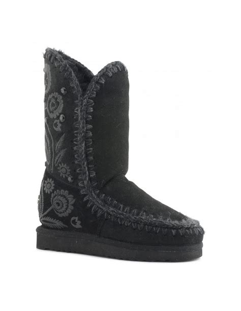 Eskimo Boots with Embroidery Tall in Black - MOU Shoes Sizes Women 39