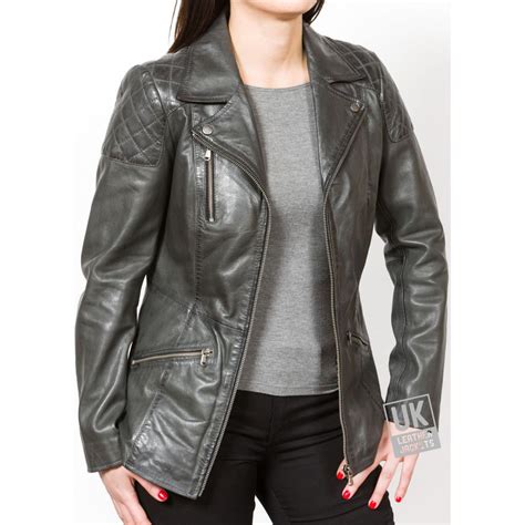 Womens Grey Leather Jacket Longer Length Aire Free Uk Delivery