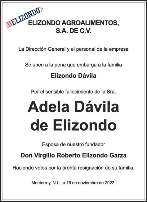 Sra Adela Dávila de Elizondo Obituario Esquela