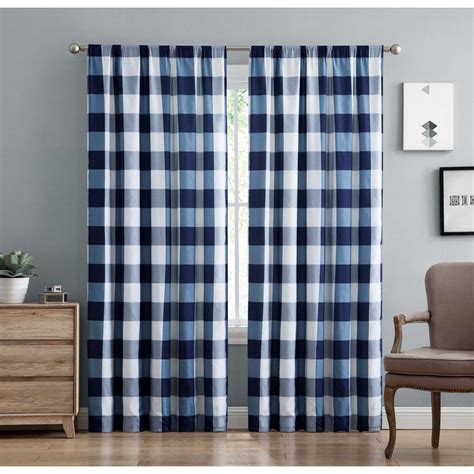 Truly Soft Navy Blue Buffalo Check Rod Pocket Room Darkening Curtain