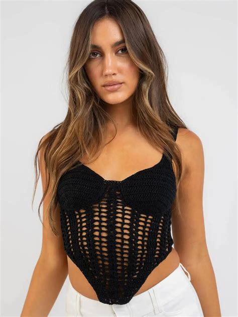 Women Crochet Corset Top Hollow Out Front Cover Up Lace Up Back Tank