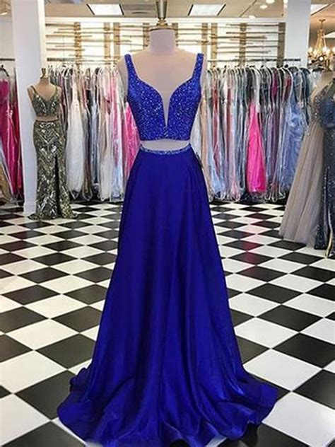 A Line 2 Pieces Royal Blue Beaded Prom Dresses Royal Blue 2 Pieces Fo