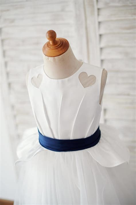 Ivory Satin Tulle Wedding Flower Girl Dress Navy Blue Belt Princessly