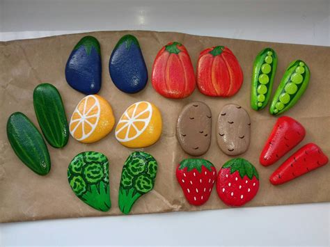 Vegetables And Fruits Colorful Painted Rocks 9 Set Play Food Etsy