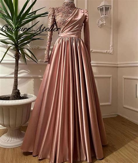 Beaded Muslim Evening Dresses Long Sleeve Tukey Dubai Prom Dresses High