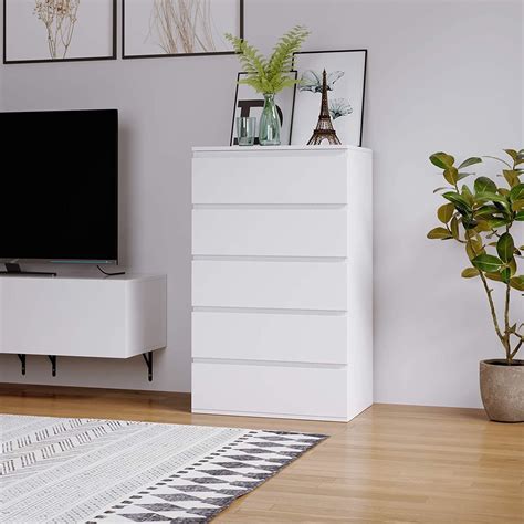 Homfa Modern 5-Drawer White Dresser, Wood Storage Cabinet for Small ...