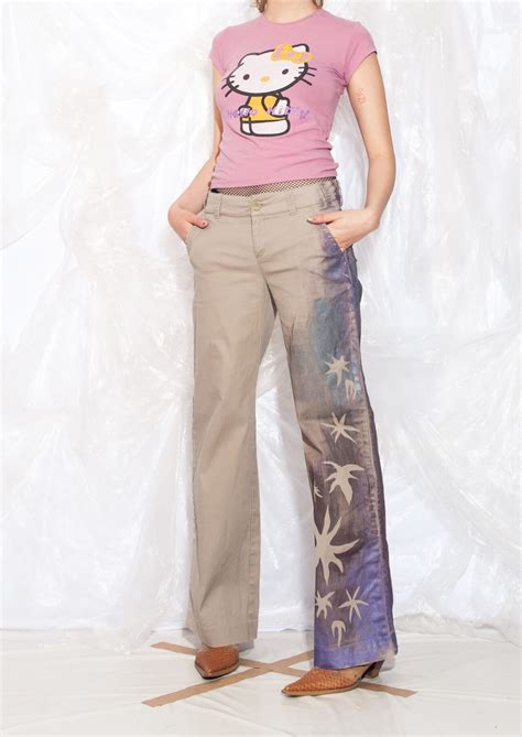 Vintage Y K Hand Painted Flare Trousers In Beige And Purple Reworked