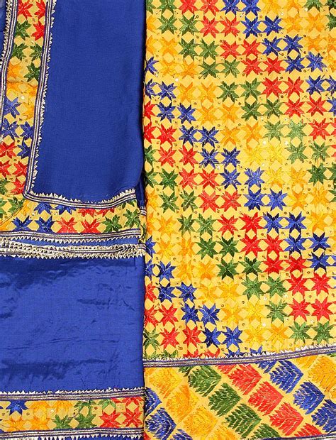 Yellow And Blue Phulkari Hand Embroidered Salwar Kameez Fabric From