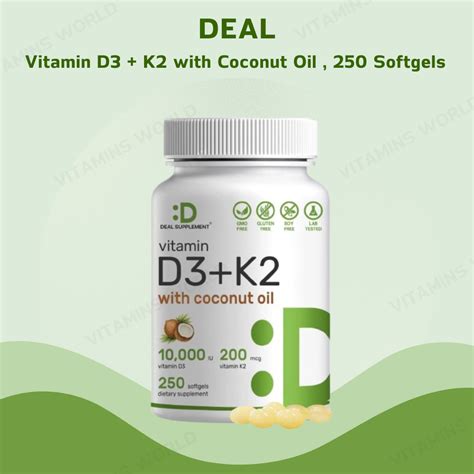 Deal Supplement Vitamin D3 10 000 Iu K2 Mk7 200 Mcg Infused With Virgin Coconut Oil 250