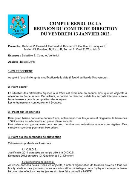 COMPTE RENDU DE LA REUNION DU COMITE DE DIRECTION