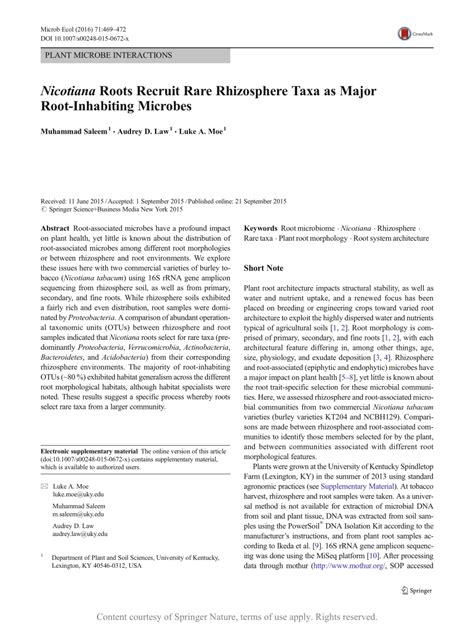 Nicotiana Roots Recruit Rare Rhizosphere Taxa As Major Root Inhabiting