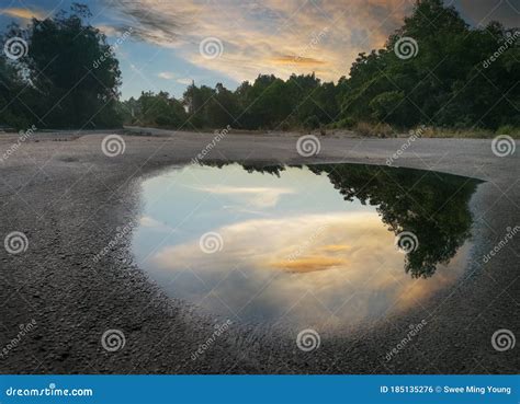 Twilight Puddle On The Asphalt Rain Reflection Of Light In The Waves ...