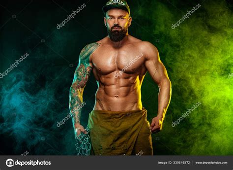 Gay Streptizer With Naked Torso Muscular Fitness Sports Man Atlete With Chains In Fitness Gym