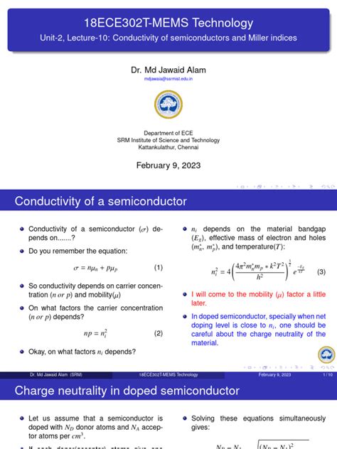 18ece302t U2 L10 Conductivity Of Semiconductors And Miller Indices Pdf Electrical