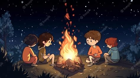 Premium Photo A Cartoon Of Four Kids Sitting Around A Campfire