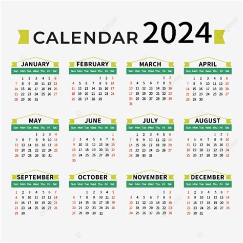 Calendario 2024 Estilo Simple Geométrico Verde Vector PNG dibujos 2024