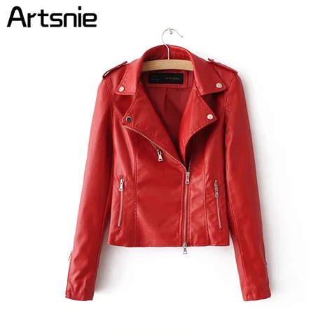 Red Streetwear Leather Faux Jackets Women Autumn Winter Long Sleeve Casual Zipper Coats Ladies