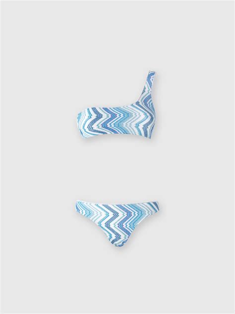 One Shoulder Viscose Blend Chevron Bikini With Lurex