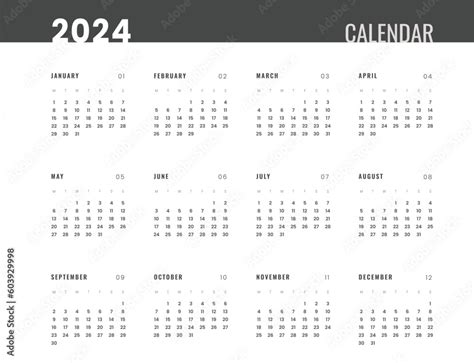 2024 Annual Calendar Template Vector Layout Of A Wall Or Desk Simple Calendar With Week Start