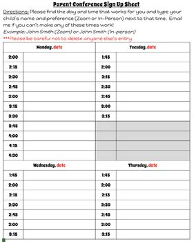 Digital Parent Teacher Conference Sign Up Sheet Editable Template