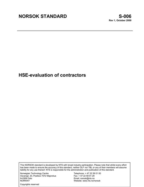 Norsok Standard S Hse Evaluation Of Contractors