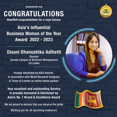 Disani Dhanushika Adihetti has bagged Asia's influential Business Woman of the Year Award