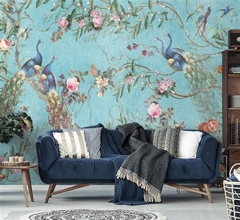 Wallpaper Mural with Birds Peel and Stick Chinoiserie | Etsy