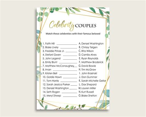 Printable Green Gold Bridal Shower Celebrity Couples Game In Greenery