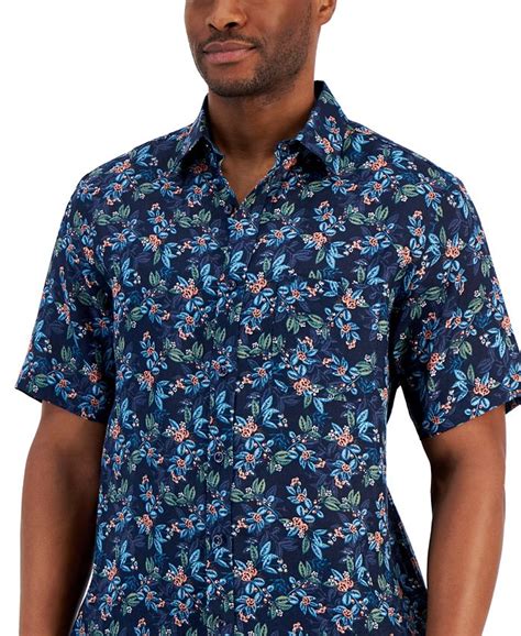 Club Room Mens Lance Floral Print Short Sleeve Button Down Linen Shirt