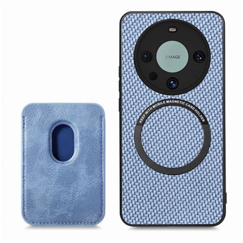 Huawei Mate 60 Pro Woven Textured Leather Case With Magnetic Rfid Blocking Card Holder Blue