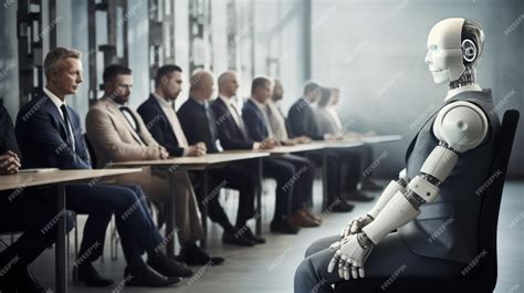 Premium AI Image | Business people and humanoid AI robot sitting and waiting for a job interview ...