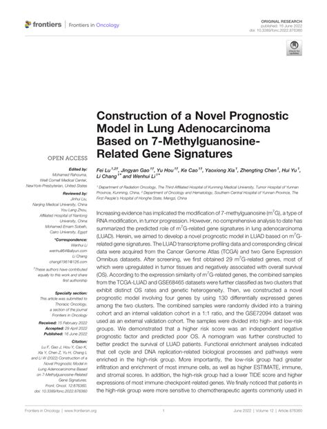 Pdf Construction Of A Novel Prognostic Model In Lung Adenocarcinoma