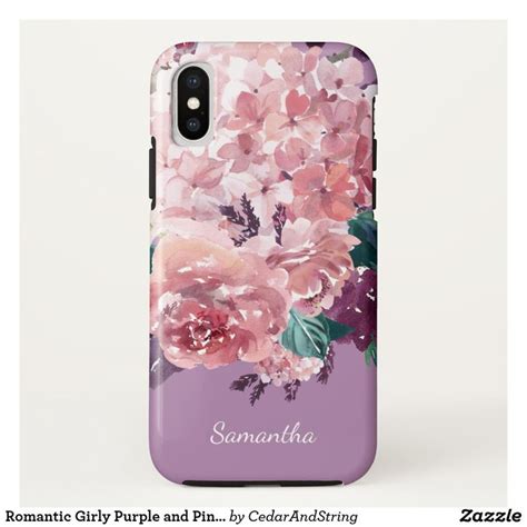 an iphone case with pink flowers on the front and purple back, printed ...