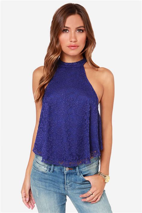 Blue Lace Top Halter Top Crop Top 29 00 Lulus