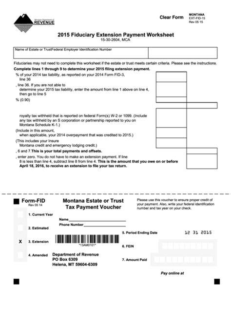 Fillable Form Ext Fid Fiduciary Extension Payment Worksheet 2015